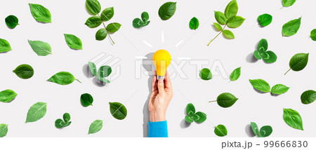 Person holding a lightbulb with green leaves 99666830