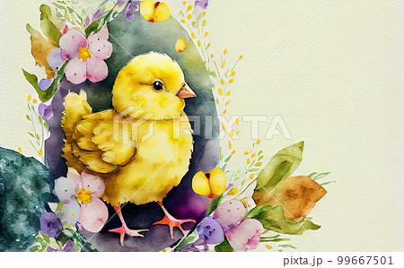 Little yellow chicken on a spring background with flower and grass 99667501