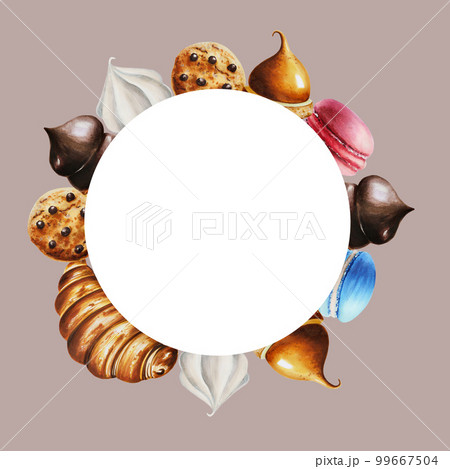 Watercolor frame with macaroons, biscuits, marshmallows in chocolate, meringue, eclair, croissant, cholocate cookies.. For designers, menu, shop, bar, bistro, restaurant, for postcards, wrapping paper Watercolor frame with macaroons, biscuits, marshmallows in chocolate, meringue, eclair, croissant, cholocate cookies.. For designers, menu, shop, bar, bistro, restaurant, for postcards, wrapping paper 99667504