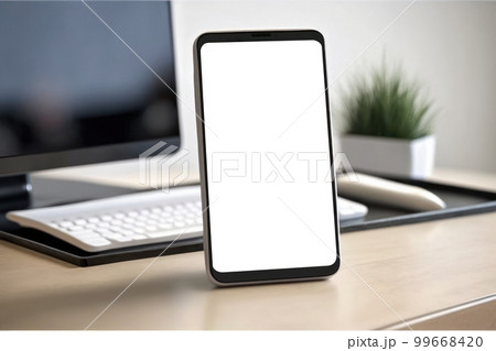 スマートフォンの画面、明るいオフィスのデスク、透過PNG 99668420