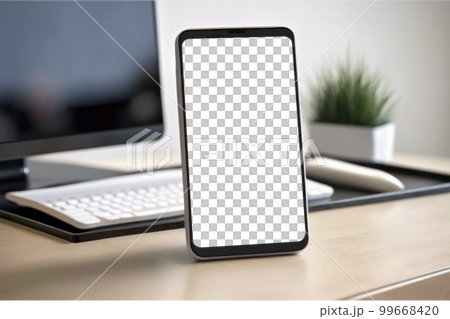 スマートフォンの画面、明るいオフィスのデスク、透過PNG 99668420