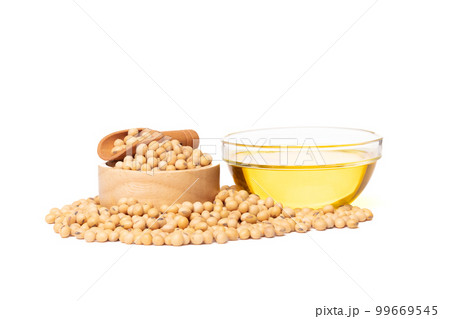 Yellow Soy Bean in wooden bowl, Vegetable Oil in glass bowl. Golden Soybean turn process to cooking oil, soy bean is healthy diet and food element cooking ingredients. White background isolated 99669545