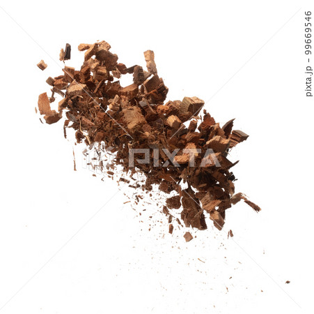 Coconut peel husk flying explosion, coconut chopped big L size abstract cloud fly. Coconut shell peel fertilizer splash throwing in Air. White background Isolated high speed shutter, freeze action 99669546