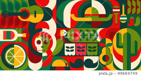 Bauhaus pattern with mexican motif. Vector background with simple geometric shapes, skull, cactus, tequila and sombrero. Jalapeno pepper, mustaches, tacos or guitar with maracas modern art ornament Bauhaus pattern with mexican motif. Vector background with simple geometric shapes, skull, cactus, tequila and sombrero. Jalapeno pepper, mustaches, tacos or guitar with maracas modern art ornament 99669749