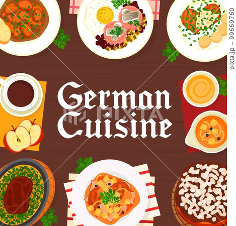 German cuisine menu cover design template. Hamburg steak, pork vegetable stew and sauce, pork schnitzel, plum cake Zwetschgenkuchen and Baumkuchen cake, corned beef Labskaus, pork beef stew German cuisine menu cover design template. Hamburg steak, pork vegetable stew and sauce, pork schnitzel, plum cake Zwetschgenkuchen and Baumkuchen cake, corned beef Labskaus, pork beef stew 99669760