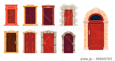 Front doors with stone doorway. Cartoon house entrance set with rock or marble frame. Vector facade exterior doors. Wooden luxury decorated gates with rocky doorjambs. Entry to hotel, cottage, mansion 99669765
