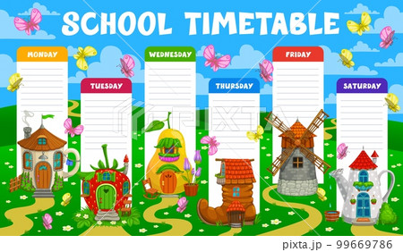 Education school timetable schedule fairytale magic houses and dwellings. Vector weekly planner frame template with cartoon teacup, strawberry, pear and boot, windmill or watering can homes on field Education school timetable schedule fairytale magic houses and dwellings. Vector weekly planner frame template with cartoon teacup, strawberry, pear and boot, windmill or watering can homes on field 99669786