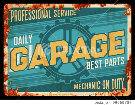 Vintage car repair service rusty plate, garage station. Automobile motor fix shop, car maintenance workshop or spare parts center, garage station vector grunge plate, rusty tin sign with cog wheel Vintage car repair service rusty plate, garage station. Automobile motor fix shop, car maintenance workshop or spare parts center, garage station vector grunge plate, rusty tin sign with cog wheel 99669787
