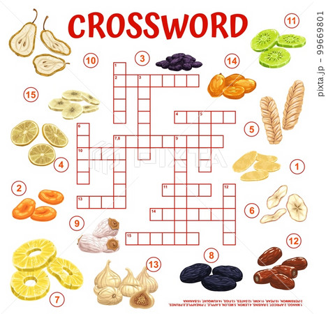 Dried fruits and snacks crossword grid. Find a word quiz game worksheet, child text playing activity or riddles book page vector template. Children intellectual puzzle, vocabulary test with snacks 99669801