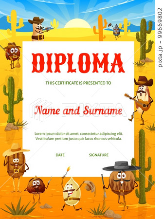 Kids diploma cartoon wild west nut cowboy, bandit and ranger characters. Education vector school certificate with peanut, macadamia, hazelnut and pecan, walnut, brazil, pumpkin and sunflower seeds 99669802