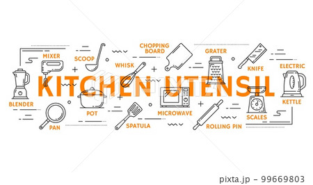 Cook utensil icons and infographics. Cooking accessory and equipment outline vector banner with blender, rolling pin, chopping board, microwave and pan, electric kettle, scales, mixer line pictograms 99669803