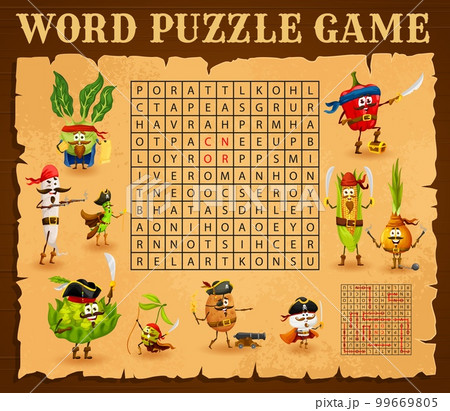 Word search puzzle game cartoon vegetable pirates and corsairs characters. Vector crossword worksheet, kids quiz grid with potato, olive, peas and corn. Pepper, kohlrabi and mushroom or daikon veggies 99669805