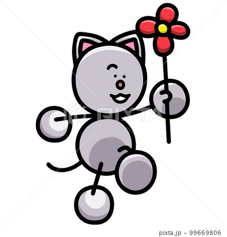 花を持ってスキップするにゃんまるのイラスト　猫 99669806