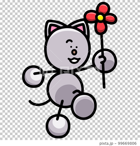 花を持ってスキップするにゃんまるのイラスト　猫 99669806