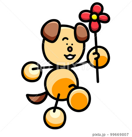花を持ってスキップするわんまるのイラスト　犬 99669807