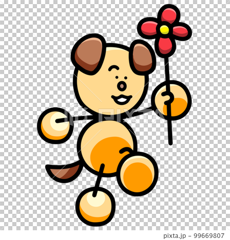 花を持ってスキップするわんまるのイラスト　犬 99669807