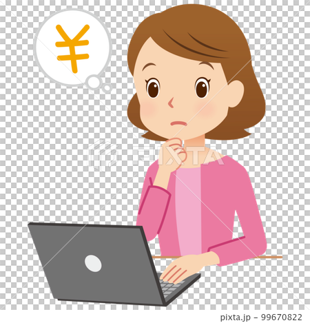 A woman who operates a personal computer, a housewife, money A woman who operates a personal computer, a housewife, money 99670822
