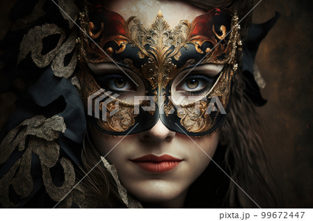 Woman face wear beautiful  masquerade mask. Carnival party festival of jewish hamantaschen costume. 99672447