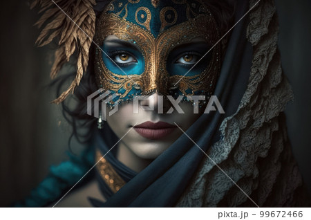 Woman face wear beautiful  masquerade mask. Carnival party festival of jewish hamantaschen costume. 99672466