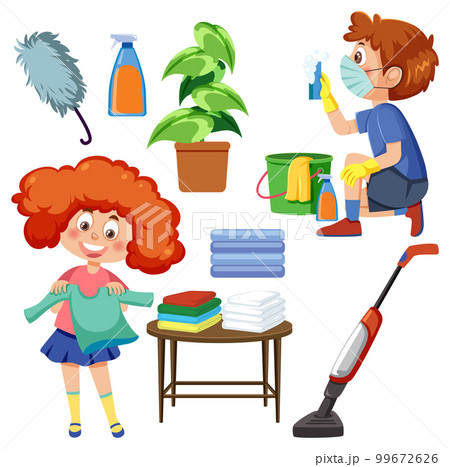 Set of children doing chores with household equipments 99672626