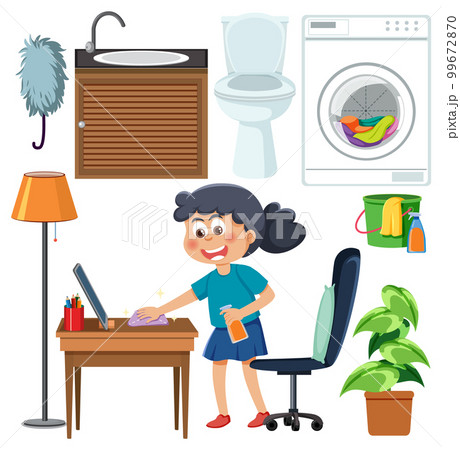 Set of children doing chores with household equipments 99672870
