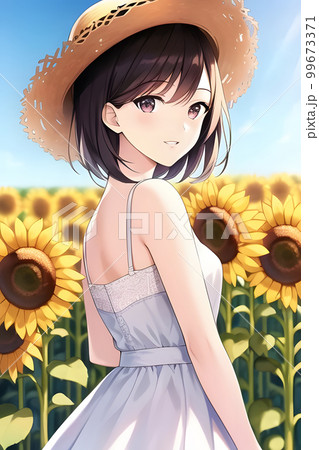 ひまわり畑と麦わら帽子をかぶった女性 真夏のイラスト素材 [99673371