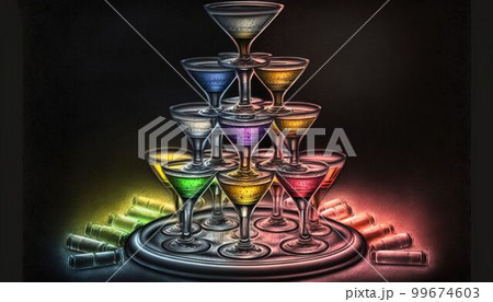 カクテルライトで照らされたシャンパンタワー：色鉛筆画タッチ
