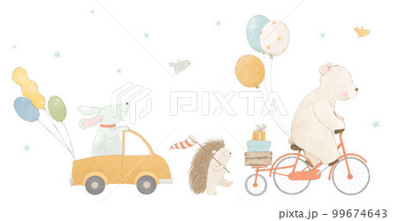 Beautiful baby stock composition with cute watercolor hand drawn animals going on birthday party. Stock clip art. 99674643