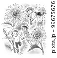 夏のひまわりと遊ぶ子どもたち 99675676