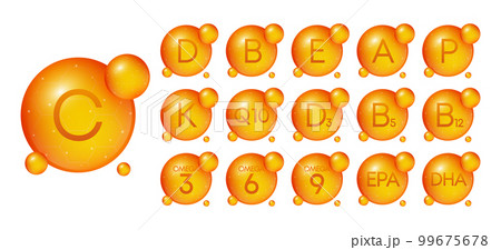 Vitamin bubbles set. Gelatin and Vitamin complex collection. The concept of a healthy lifestyle, nutrition. Vector illustration. 99675678