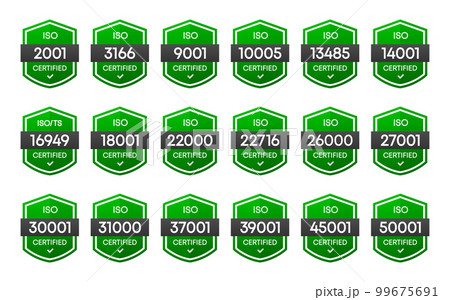 Set of International Organization for Standardization badge. Set of popular standards ISO. Certificate concept. Vector illustration. 99675691