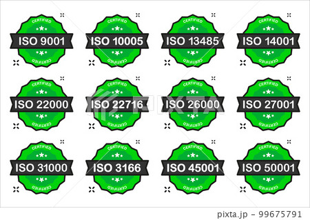 Set of International Organization for Standardization badge. Set of popular standards ISO. Certificate concept. Vector illustration. Set of International Organization for Standardization badge. Set of popular standards ISO. Certificate concept. Vector illustration. 99675791
