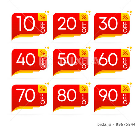 Sale discounts set. Special price offer signs. 10 to 90 percent discount on goods or services. Vector illustration. 99675844