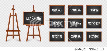 Black chalkboard on wooden easel. Blackboard in wooden frame on a tripod. Presentation board with text, writing or drawing surface. Online studying, e-learning and education. Vector illustration 99675964