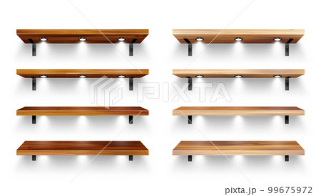 Realistic wooden store shelves with wall mount and lighting, spotlights. Empty product shelf, grocery wall rack. Mall and supermarket furniture, bookshelf. Interior design. Vector illustration Realistic wooden store shelves with wall mount and lighting, spotlights. Empty product shelf, grocery wall rack. Mall and supermarket furniture, bookshelf. Interior design. Vector illustration 99675972