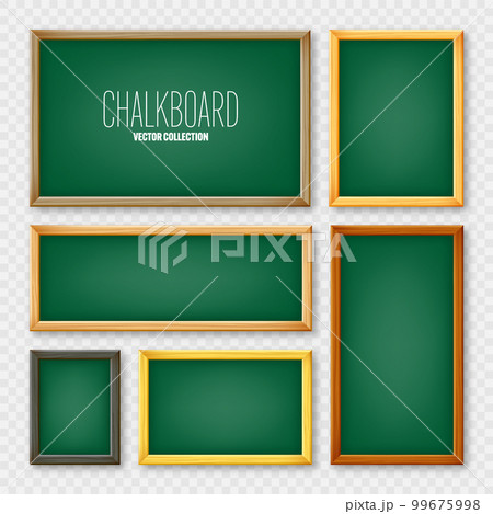 Realistic various chalkboards in a wooden frame. Green restaurant menu board. School blackboard, writing surface for text or drawing. Blank advertising or presentation boards. Vector illustration 99675998