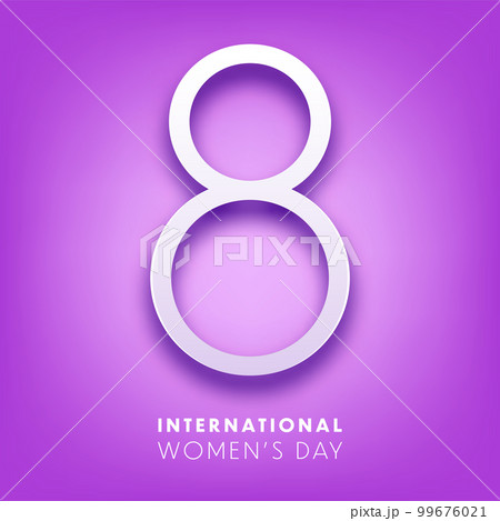 Women's day violet background with text. March 8 international holiday. Paper greeting card with number and date. Vector illustration 99676021