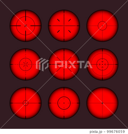 Various weapon thermal infrared sights, sniper rifle optical scopes. Hunting gun viewfinder with crosshair. Aim, shooting mark symbol. Military target sign. Game UI element. Vector illustration Various weapon thermal infrared sights, sniper rifle optical scopes. Hunting gun viewfinder with crosshair. Aim, shooting mark symbol. Military target sign. Game UI element. Vector illustration 99676059