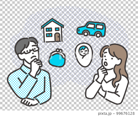 Vector illustration material of a couple who are worried about the future, such as their own home, car, money, etc. / family / couple Vector illustration material of a couple who are worried about the future, such as their own home, car, money, etc. / family / couple 99676128