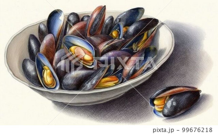 ムール貝のワイン蒸し：色鉛筆画タッチ