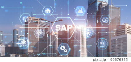 SAP - Business process automation software and management software on city background 99676355