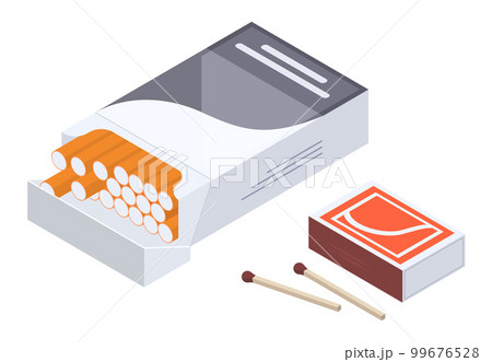 Isometric cigarettes pack. Tobacco smoking products, cigarettes and matches box 3d vector illustration 99676528