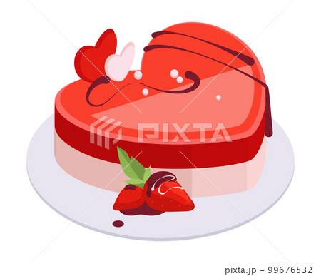 Isometric strawberry cake. Sweet berry dessert, heart shaped cake with strawberry frosting, tasty fruit cake decorated with berries 3d vector illustration Isometric strawberry cake. Sweet berry dessert, heart shaped cake with strawberry frosting, tasty fruit cake decorated with berries 3d vector illustration 99676532