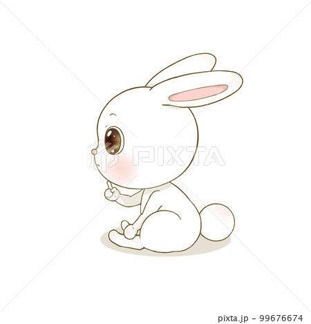 座って人差し指を顎に当てて,前を見つめているかわいいうさぎの横アングルのイラスト 99676674