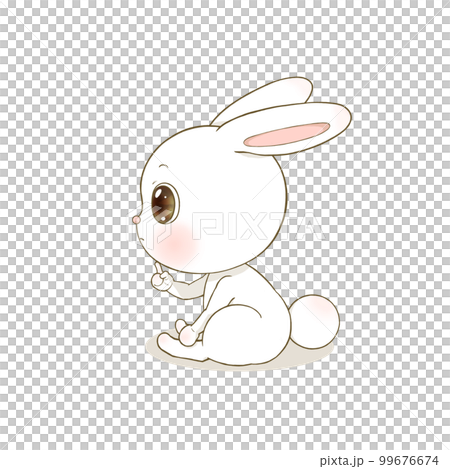 座って人差し指を顎に当てて,前を見つめているかわいいうさぎの横アングルのイラスト 99676674