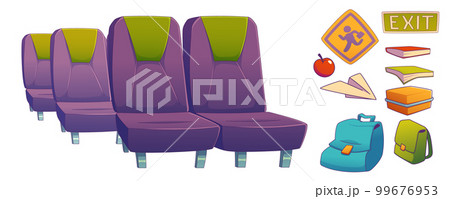 School bus seats, books, apple, signs School bus seats, books, apple, signs 99676953