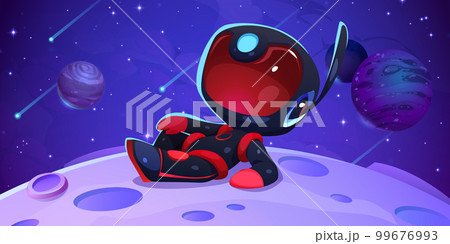 Cartoon astronaut character lying on moon surface 99676993