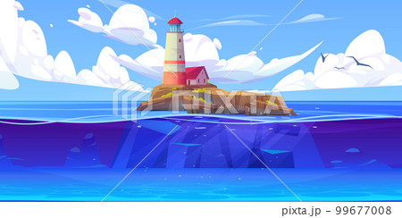 Lighthouse on rocky island. Sea vector landscape Lighthouse on rocky island. Sea vector landscape 99677008