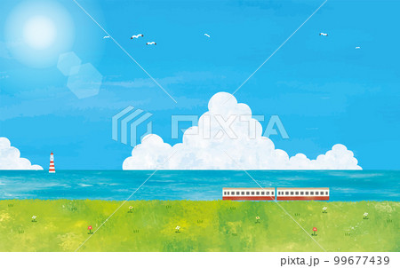 夏の空と草原と電車の風景水彩画 99677439