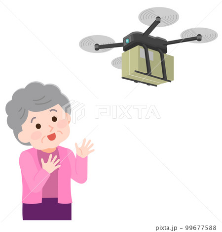 宅配便を届ける運搬ドローン　助かる高齢女性　イラスト 99677588